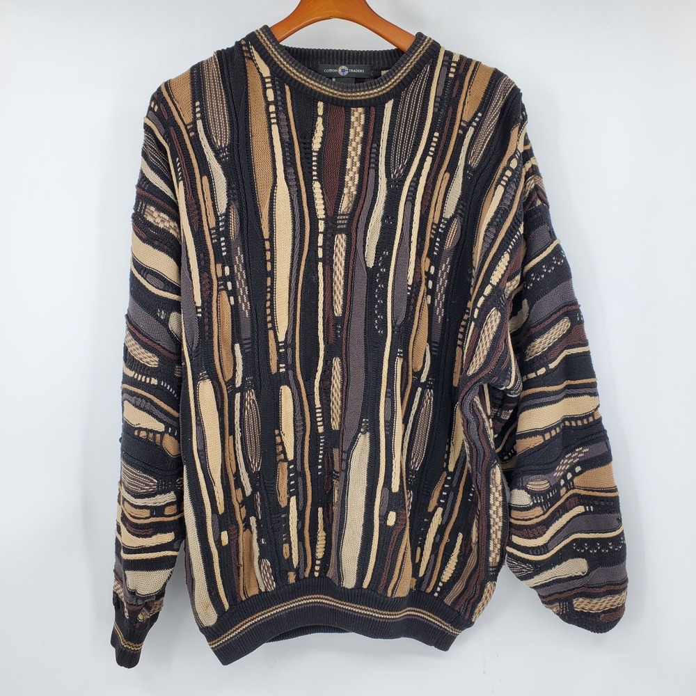 Cotton Traders Vintage 90s 3D Textured Knit Sweater L Brown 90s Oversized Biggie